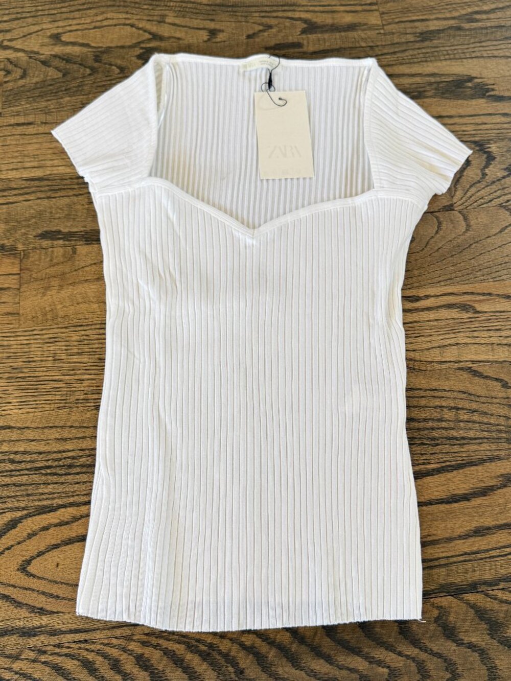 Zara Ribbed White Shirt Women's Slim Fit Sweetheart Neck Short Sleeve Sz Sm NWT